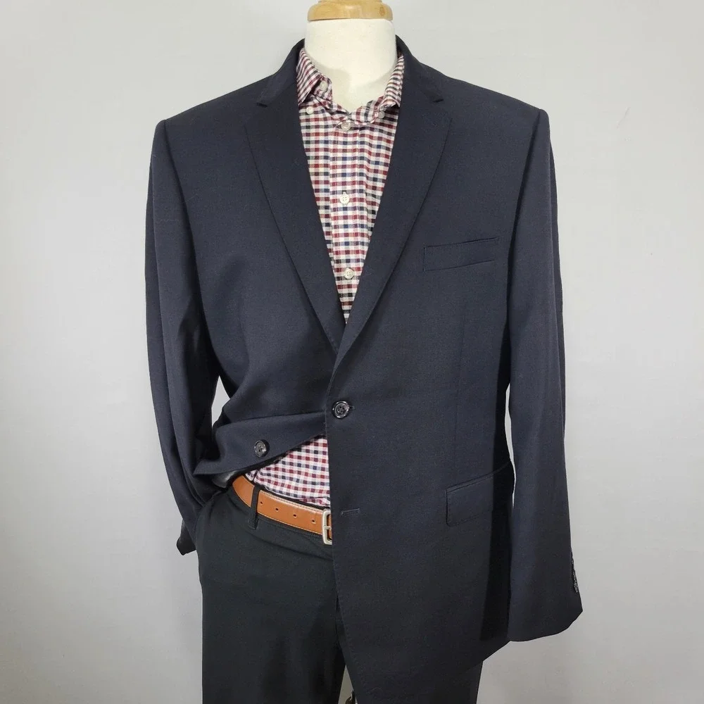Lauren Ralph Lauren Mens Sport Coat Blazer Two Button Navy Wool Spandex 46R SLIM